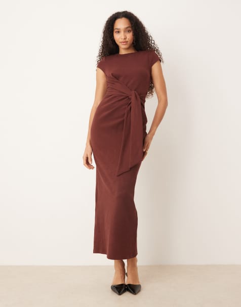 ASOS DESIGN - Midi jurk met kapmouwtjes en gestrikte zijkant in bruin - view 1