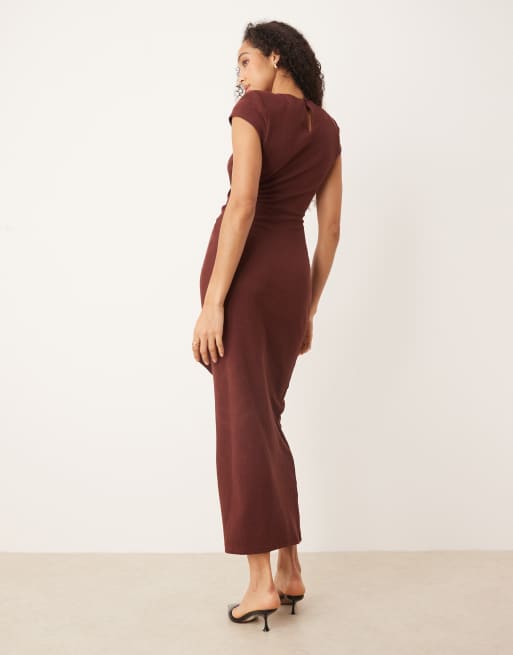 ASOS DESIGN - Midi jurk met kapmouwtjes en gestrikte zijkant in bruin, 4 van 4
