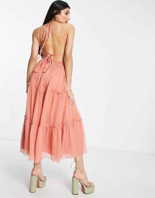 ASOS DESIGN - Midi-jurk met knoopjes, stroken en kanten randjes in rozig roze, 2 van 4