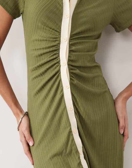 ASOS DESIGN midi jurk met knoopsluiting en kapmouwtjes in kaki, 2 van 4