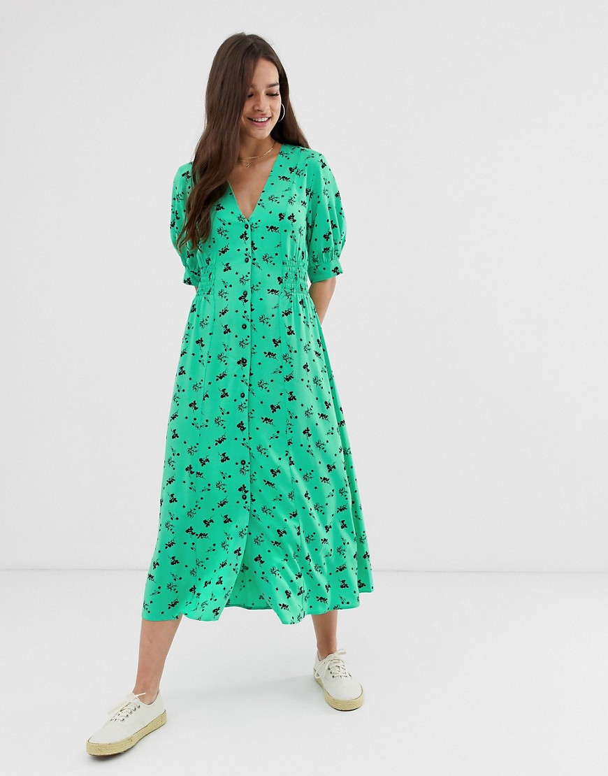 ASOS DESIGN - Midi-jurk met knopen aan de voorkant met aangerimpelde taille en bloemenprint-Multi