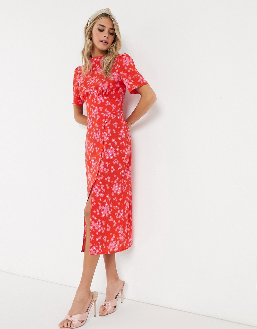 ASOS DESIGN - Midi-jurk met knopen in rode en roze bloemenprint-Multi