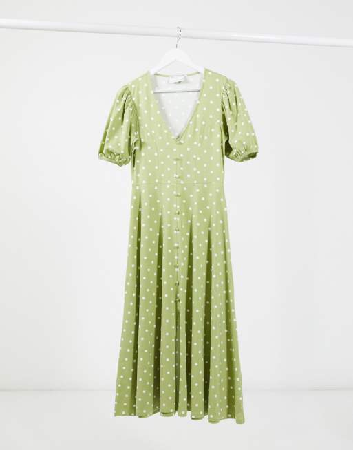 ASOS Design - Midi-jurk met knopen in saliegroen en met witte stippen