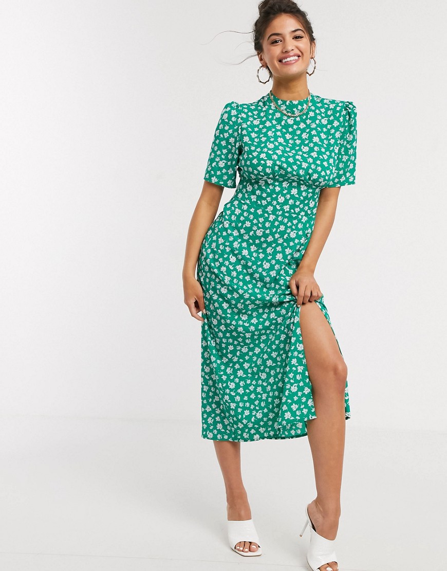 ASOS DESIGN - Midi-jurk met knopen, split en bloemenprint in groen-Multi