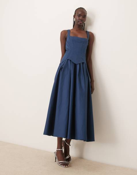 ASOS DESIGN - Midi-jurk met korset met structuur en volle rok in donker denimblauw - view 1