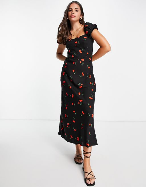 ASOS DESIGN - Midi jurk met korsetdetail en kapmouwtjes in zwart met kersenprint