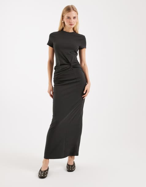 ASOS DESIGN - Midi-jurk met korte mouwen en gedraaid detail in antracietgrijs - view 1