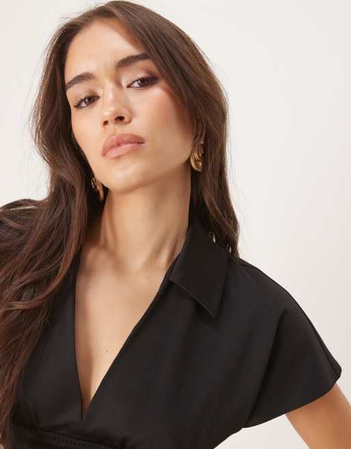 ASOS DESIGN - Midi-jurk met korte mouwen en geribde taille in zwart, 2 van 4