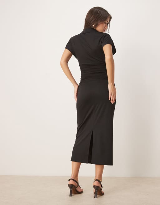 ASOS DESIGN - Midi-jurk met korte mouwen en geribde taille in zwart, 3 van 4