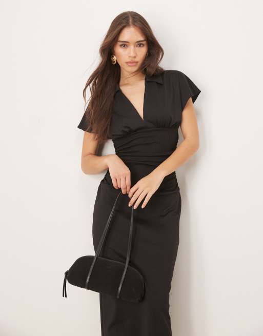 ASOS DESIGN - Midi-jurk met korte mouwen en geribde taille in zwart, 4 van 4