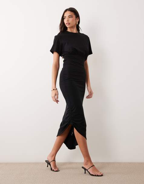 ASOS DESIGN - Midi jurk met korte mouwen en gerimpelde gestrikte taille in zwart - view 1