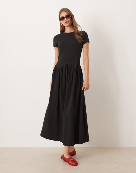 ASOS DESIGN - Midi jurk met korte mouwen en verlaagde taille in zwart - view 1