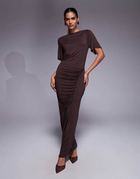 ASOS DESIGN - Midi jurk met korte uitlopende mouwen in chocoladebruin - view 1