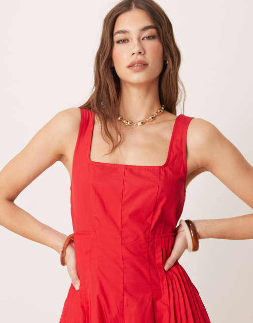 ASOS DESIGN - Midi jurk met lage ronde hals en geplooide taille in rood , 4 van 4
