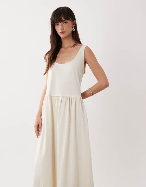 ASOS DESIGN - Midi jurk met lage ronde hals en verlaagde taille in crème, 2 van 4
