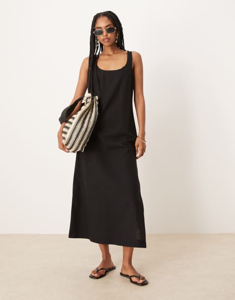 ASOS DESIGN - Midi jurk met lage ronde hals van katoen-linnen mix in zwart - view 1