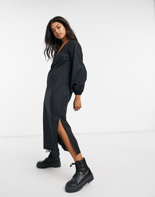 ASOS DESIGN - Midi-jurk met lange bubbelmouwen in zwart