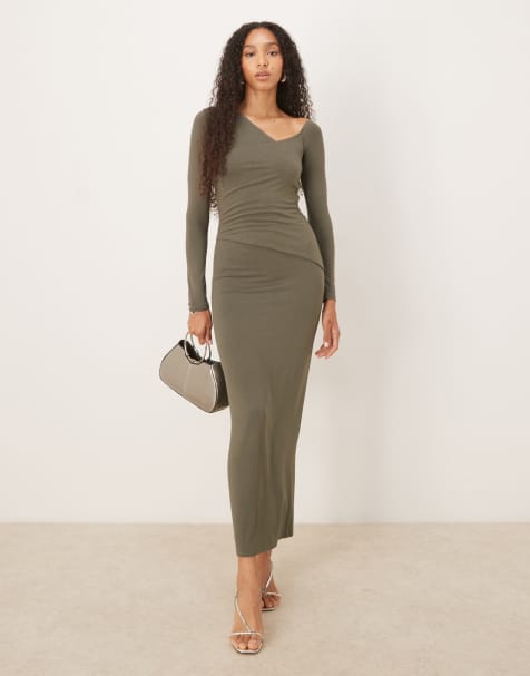 ASOS DESIGN - Midi-jurk met lange mouwen, asymmetrische hals en gedraaide zijkant in kaki - view 1