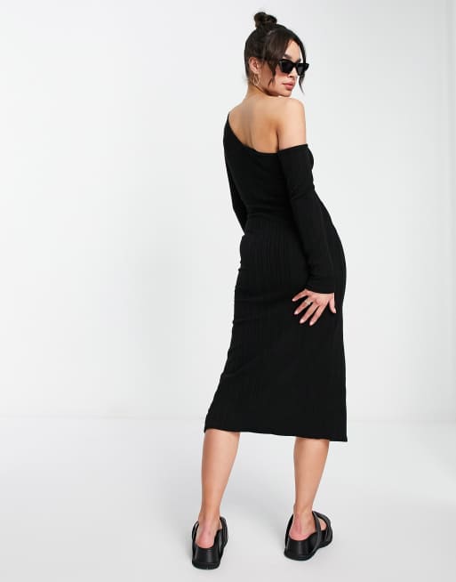ASOS DESIGN - Midi-jurk met lange mouwen, blote schouder en split in zwart, 2 van 4