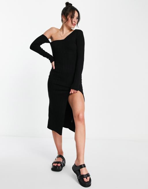 ASOS DESIGN - Midi-jurk met lange mouwen, blote schouder en split in zwart, 4 van 4