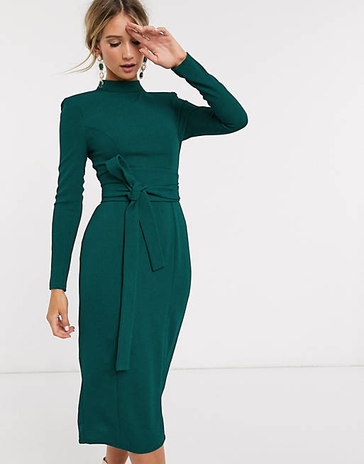 ASOS DESIGN - Midi-jurk met lange mouwen en obiriem in groen