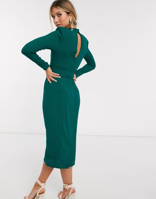 Geef energie Onderhandelen bijstand ASOS DESIGN - Midi-jurk met lange mouwen en obiriem in groen | ASOS