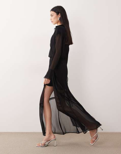 ASOS DESIGN - Midi-jurk met lange mouwen en overslag in zwart - view 1