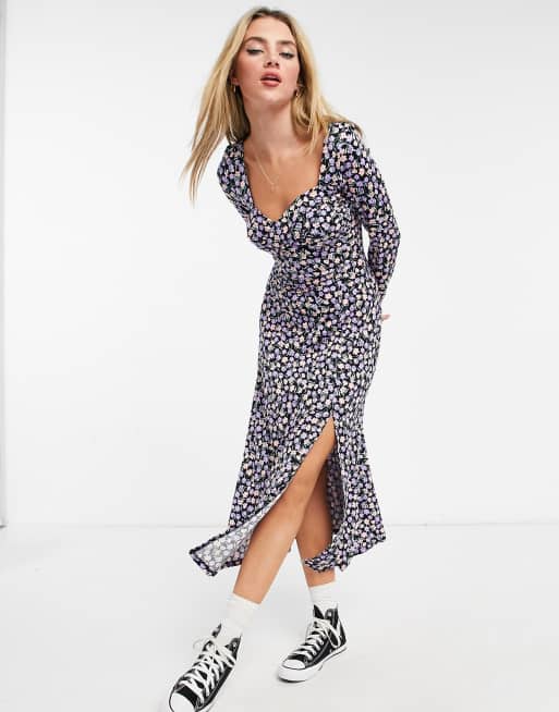 ASOS DESIGN - Midi jurk met lange mouwen en split in zwart met lila en perzikkleurige bloemen