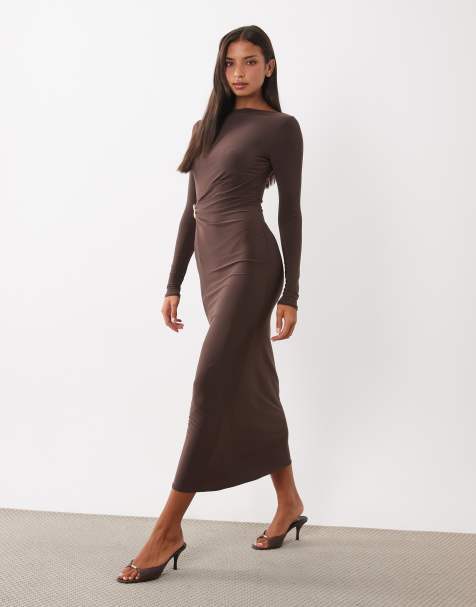 ASOS DESIGN midi jurk met lange mouwen, gedraaide hardwaredetails in chocoladebruin - view 1
