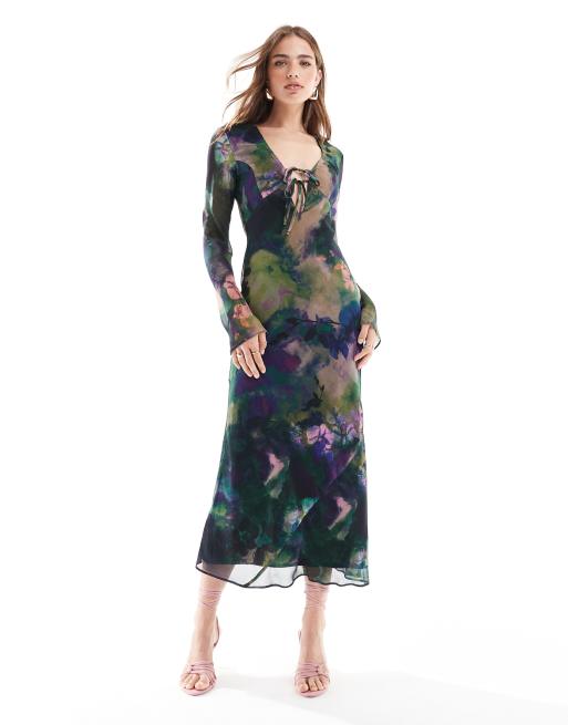 ASOS DESIGN - Midi jurk met lange mouwen, gestrikte voorkant en schuingesneden rok met grunge bloemenprint