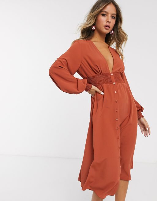 ASOS DESIGN - Midi-jurk met lange mouwen, knopen en gesmokte taille in  roestbruin | ASOS