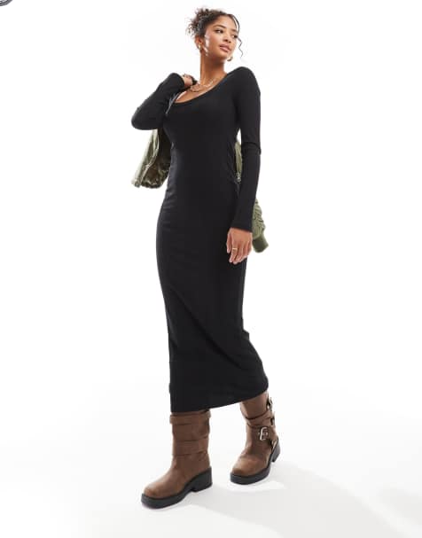 ASOS DESIGN - Midi jurk met lange mouwen, lage ronde hals en brede ribbels in zwart - view 1
