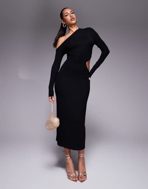 ASOS DESIGN - Midi jurk met lange mouwen, rimpeleffect en blote schouder en uitsnijding in zwart - view 1