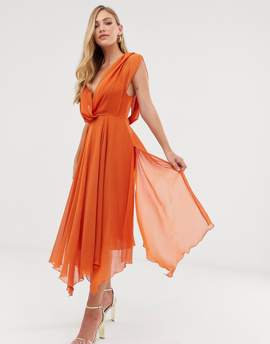 ASOS DESIGN - Midi-jurk met lijfje met overslag en gedrapeerde achterkant.-Oranje