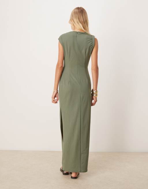 ASOS DESIGN - Midi-jurk met linnenlook, gedraaide schouder en drapering in kaki, 3 van 4