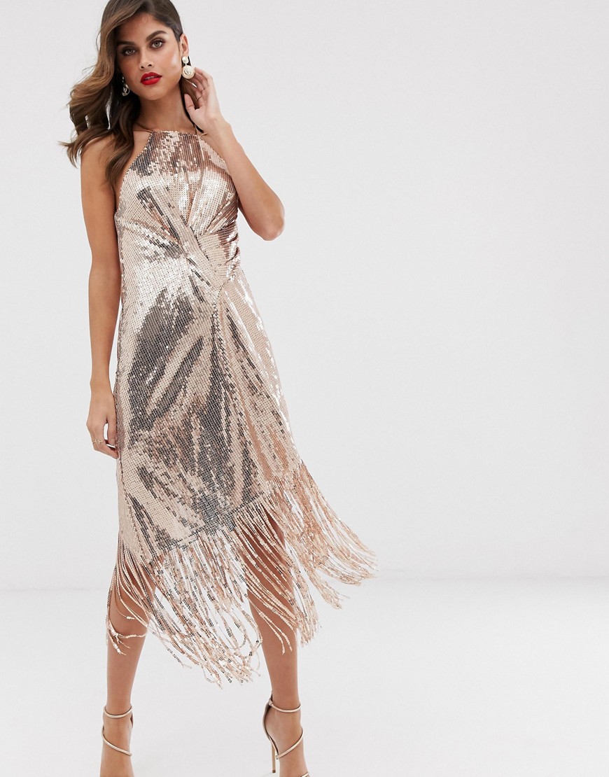 ASOS DESIGN - Midi-jurk met lovertjes en franje aan de zoom-Bruin