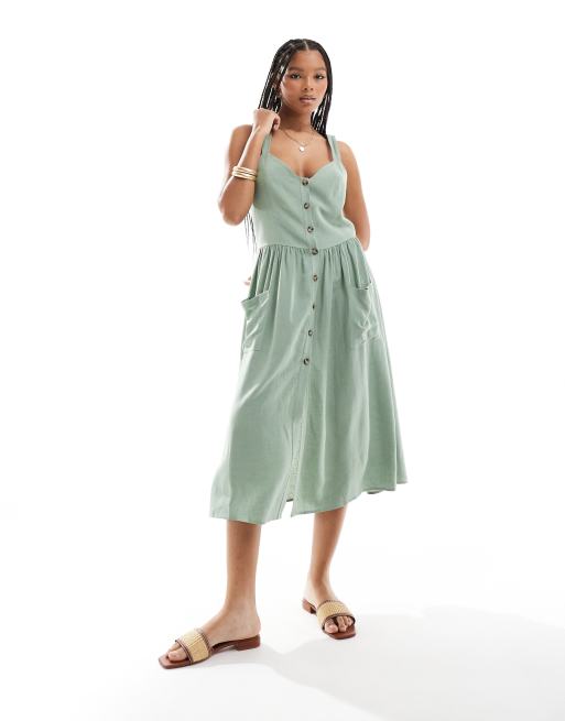 ASOS DESIGN - Midi jurk met natuurljike linnenlook en knoopsluiting en zakken in kaki