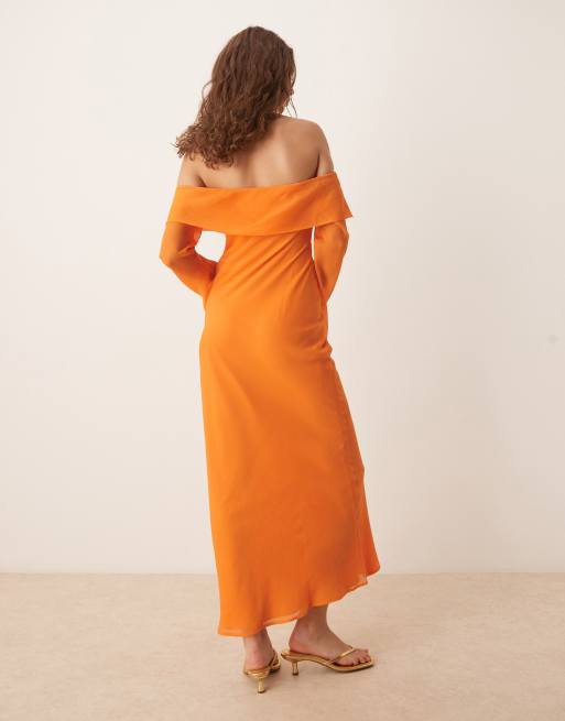ASOS DESIGN - Midi jurk met omgeslagen bardot-hals in oranje, 4 van 4