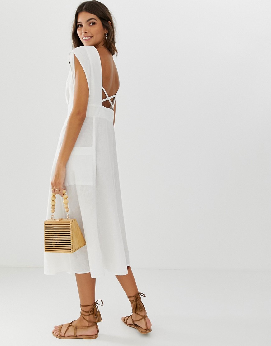 ASOS DESIGN - Midi-jurk met open achterkant, knopen en zakken-Wit