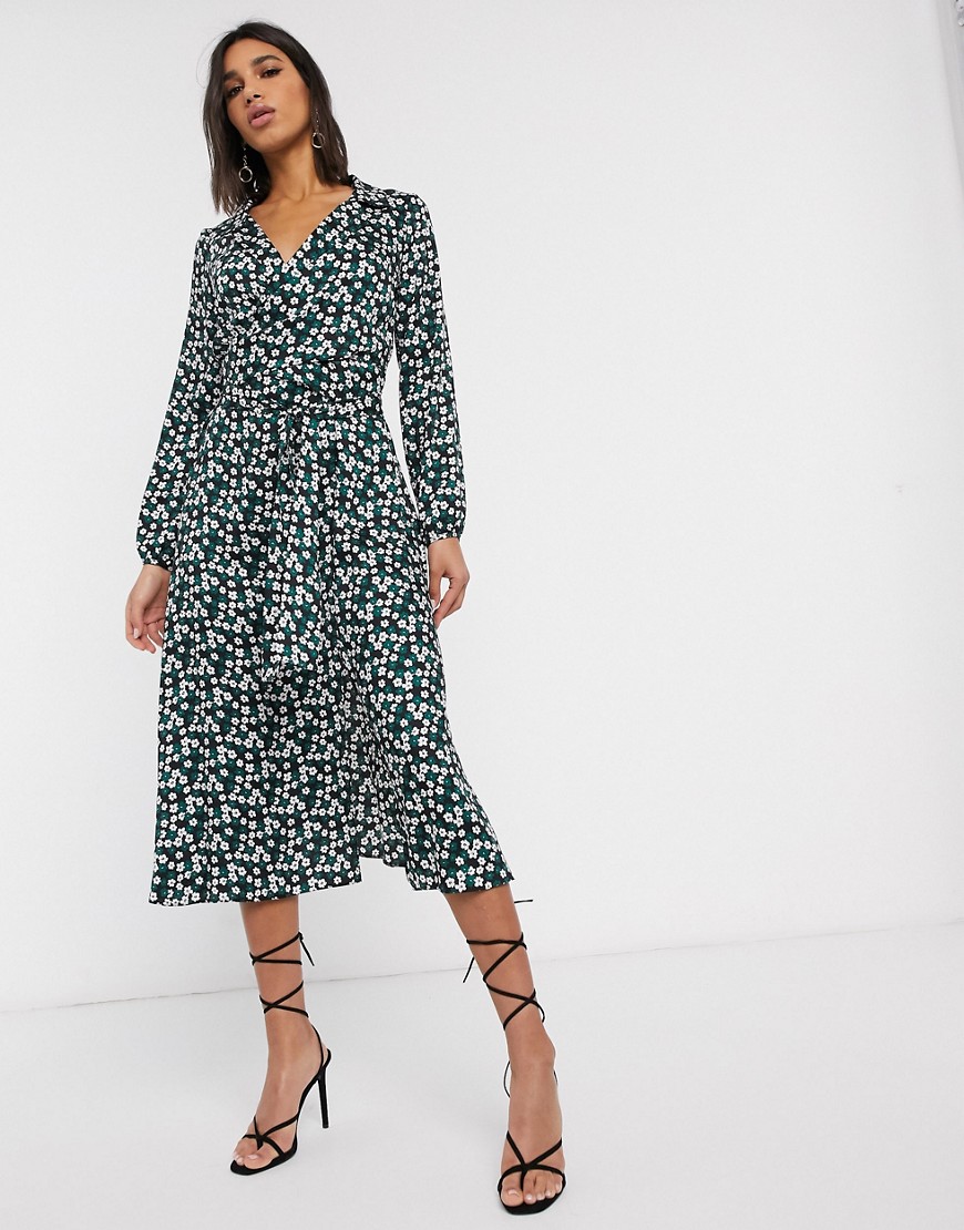 ASOS DESIGN - Midi-jurk met overslag aan de voorkant en fijne bloemetjesprint-Multi