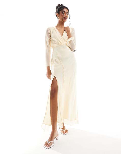 ASOS DESIGN - Midi jurk met overslag aan de voorkant en naaddetails in vaalgeel - view 1