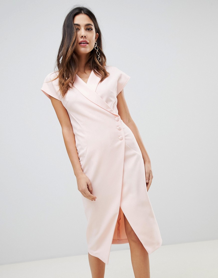 ASOS DESIGN -Midi-jurk met overslag en knopen aan de zijkant detail-Roze