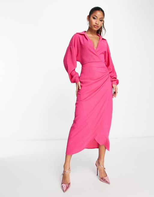 ASOS DESIGN Midi-jurk met overslag, kraagje en textuur in