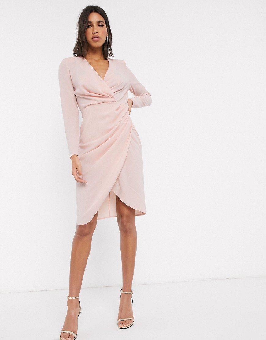 ASOS DESIGN - Midi-jurk met overslag, lange mouwen en geplooide voorkant in blush-Roze