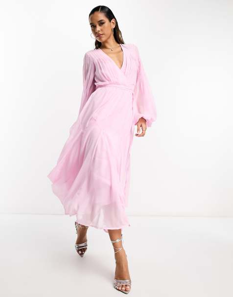 ASOS DESIGN - Midi-jurk met overslag, striktaille en ballonmouwen in roze - view 1