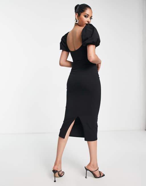 ASOS DESIGN - Midi-jurk met pofmouwen en uitsnijding in zwart, 2 van 4