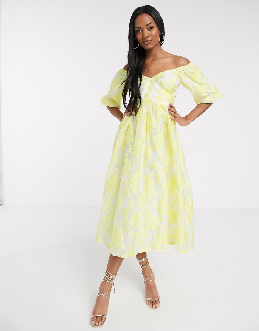 ASOS DESIGN - Midi-jurk met pofmouwen, gebloemde organza met veter aan de achterkant in geel