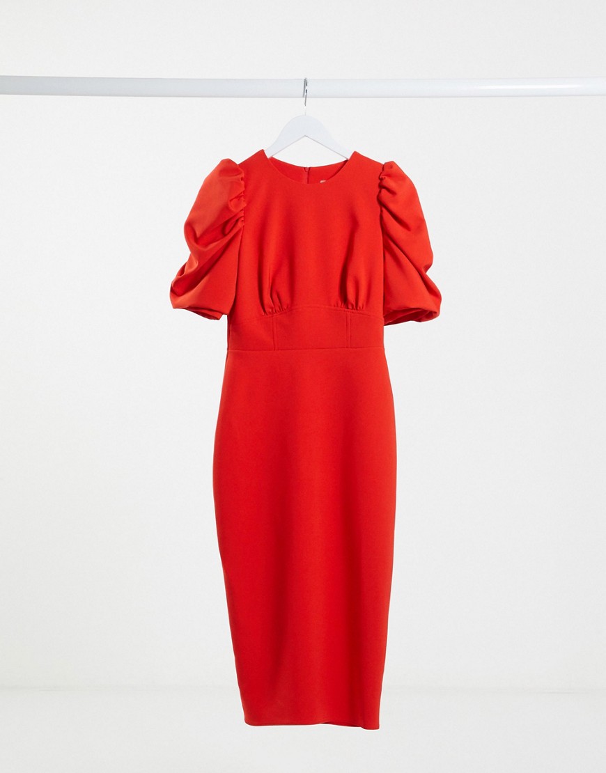 ASOS DESIGN - Midi-jurk met pofmouwen in rood