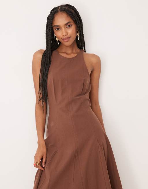 ASOS DESIGN - Midi jurk met rechte hals en naden in chocoladebruin, 3 van 4