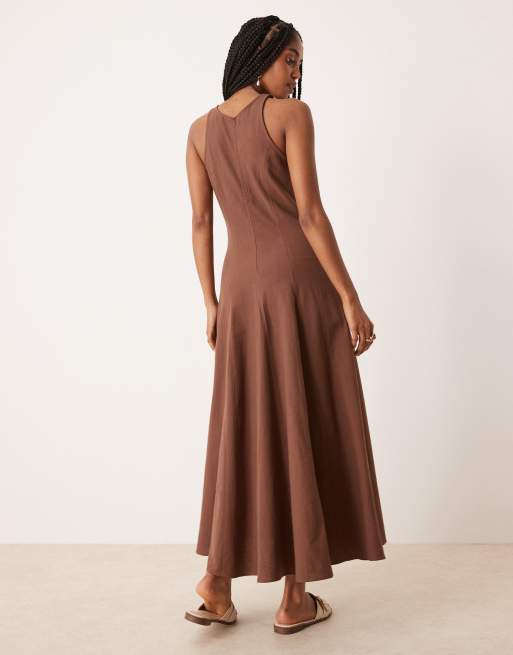 ASOS DESIGN - Midi jurk met rechte hals en naden in chocoladebruin, 4 van 4